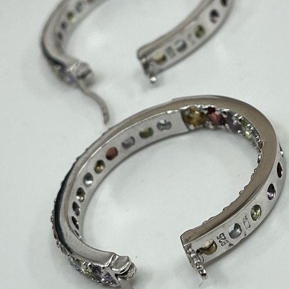 Vintage 925 Sterling Silver Multicolor Gemstone Hoop Earrings - Picture 9 of 16